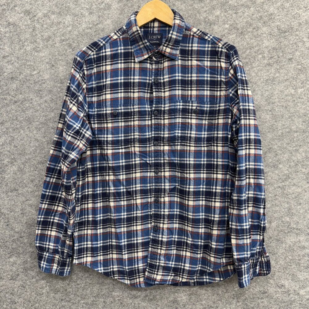 J.Crew Men's Flannel Shirt, 100% Cotton, Collared, Pockets, Blue Plaid, Size M